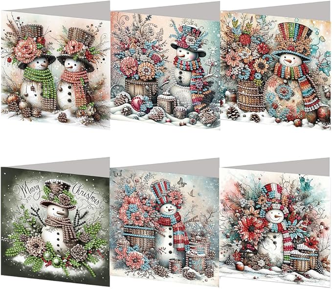 6PCS DIY Diamond Art Christmas Cards with Envelopes, Festive Holiday Greeting Cards Kit, Snowman Christmas Diamond Art Kits for Adults Kids Gifts