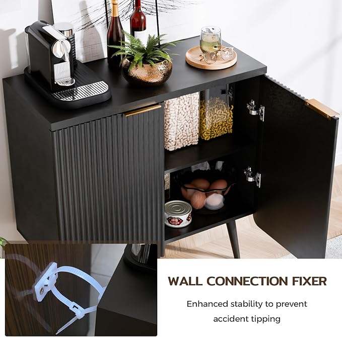 Sideboard Buffet Cabinet with Storage, Modern Fluted Accent Credenza with 2 Doors, Buffet Media Console Entryway Cabinets with Adjustable Shelves for Living Room Dining Room Hallway, Black