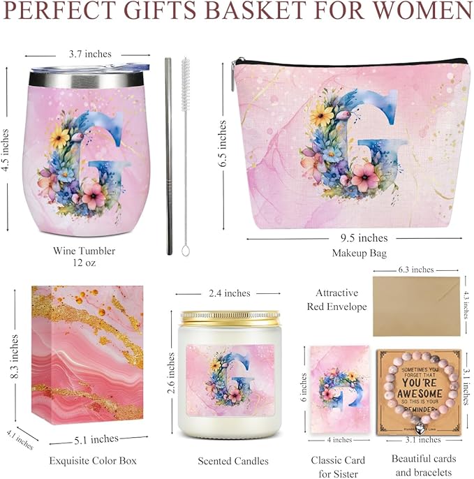 Personalized Gifts Monogrammed Birthday Gifts for Women, Her Employee Housewarming Christmas Initial Wine Tumbler Makeup Bag Scented Candle Bracelet Set, (Aesthetic Pink Flower G)