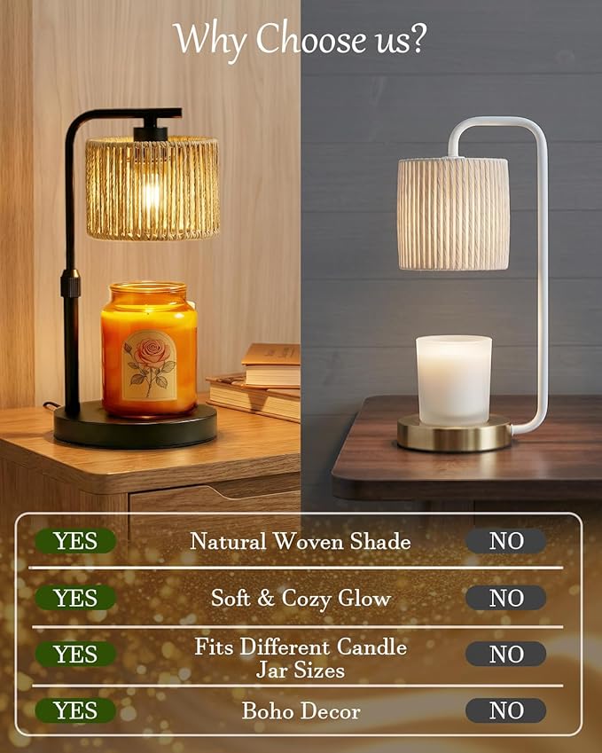 Candle Warmer Lamp, Timer Dimmable Candle Lamp, Adjustable Height and Brightness Black Candle Warmer, Boho Rattan Lampshade and 2 Bulbs, Suitable for Home Decor, Birthday Gifts for Women Mom