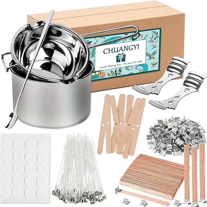 DIY Candle Making Supplies Kits for Adults Beginners, Including Double Boiler Pot, Candle Wicks, Wick Holder, Wick Stickers, Spoon