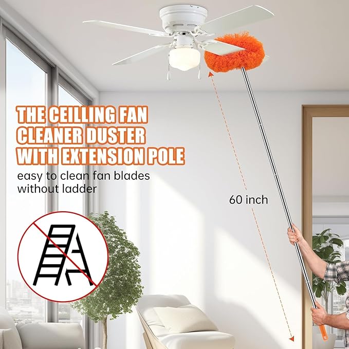 CALBEAU Ceiling Fan Cleaner Duster with 60 inch Extension Pole, Dusters for Cleaning High Ceiling Fan Blades, Dusters Kit with Storage Bag, Cleaning Tools for Families (14pcs)
