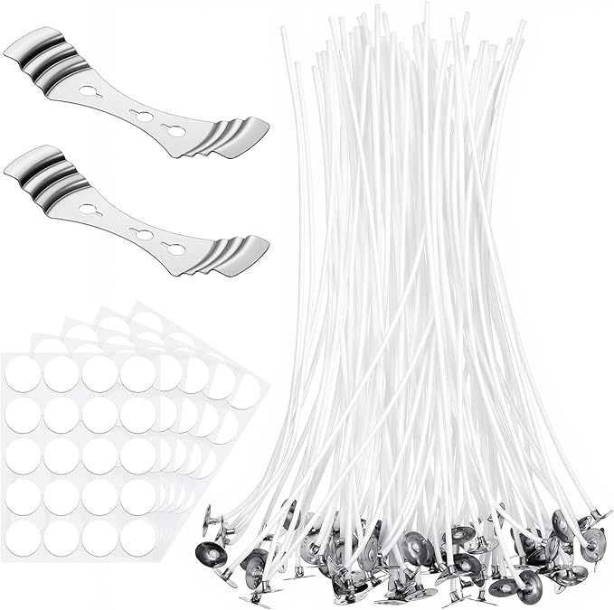 100 Pcs 8 Inch Cotton Candle Wicks for Candle Making Pre-Waxed with Paraffin, Includes 100 Adhesive Stickers and 2 Metal Wick Holders for Soy Beeswax Candle Making Candle Making Wicks