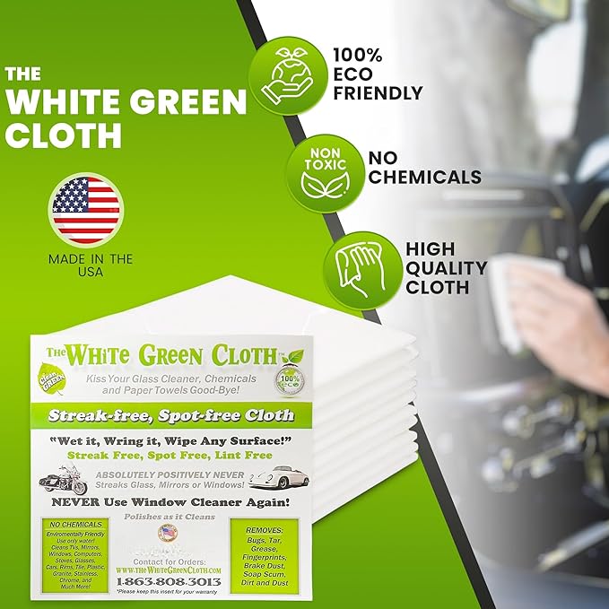 The White Green Cloth 4-Pack Reusable Cleaning Cloths for Streak-Free Windows, Mirrors & All-Purpose Use – Chemical-Free, Absorbent, Non-Abrasive, 16" x 16" White Cleaning Rags, Made in The USA
