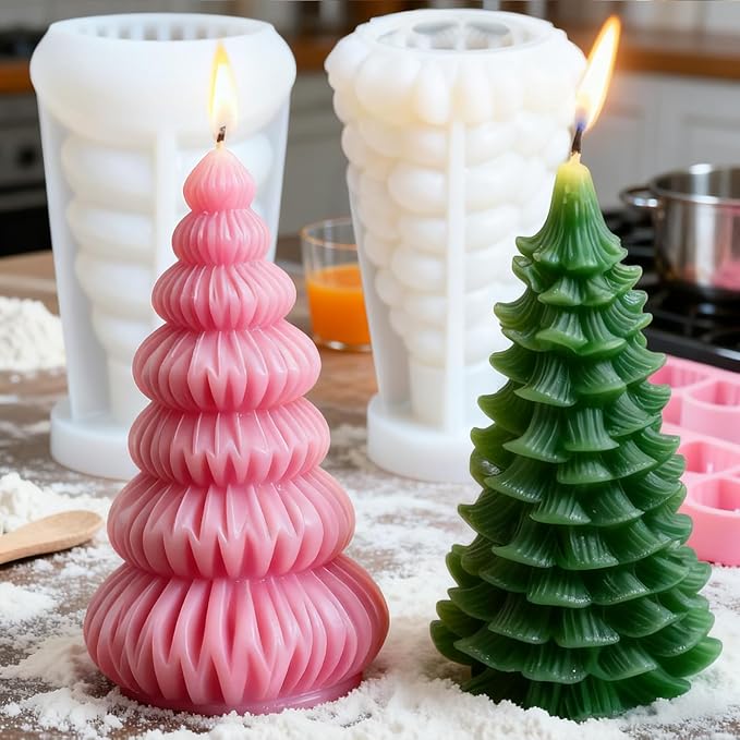 2pcs 3D Christmas Tree Silicone Candle Soap Epoxy Resin Wax Mold Silicone Shapes Christmas Trees Mold for Candle Resin Soap Craft Cake Chocolate Making Kit Christmas Gift (Cedar+Origami)