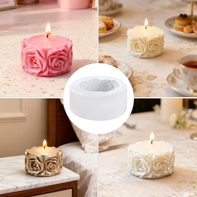 Rose Flower Column Candle Molds Flower Shape Silicone Candle Molds Cylinder Resin Casting Mold Silicone Flowers Rose Mold for Candles Making DIY Polymer Clay Craft Plaste Valentine Mother Day