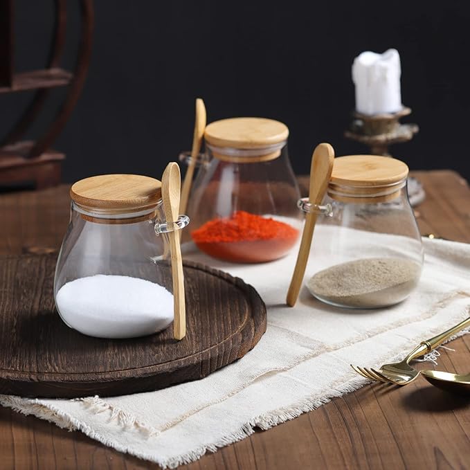 Joeyan Glass Jar with Airtight Bamboo Lid and Spoon Attached, 12 oz Salt Sugar Spice Seasoning Container, Clear Condiment Pot, Glass Food Storage Canister for Kitchen Countertop Pantry