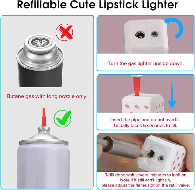 Cute Lipstick Lighter Soft Flame Refillable Butane Lighter, Adjustable Pocket Lighter Delicate Gift for Girls Women Girlfriend on Birthday,Anniversary White(Without Butane)