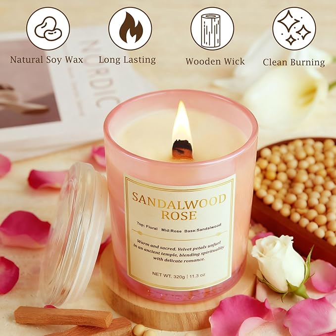 Candles for Home Scented- 2 Pack,Wood Wick Sandalwood Rose Scented Candle,22.6 oz 150 Hour Long Burning Lasting, Natural Soy Wax Candles Gifts Set