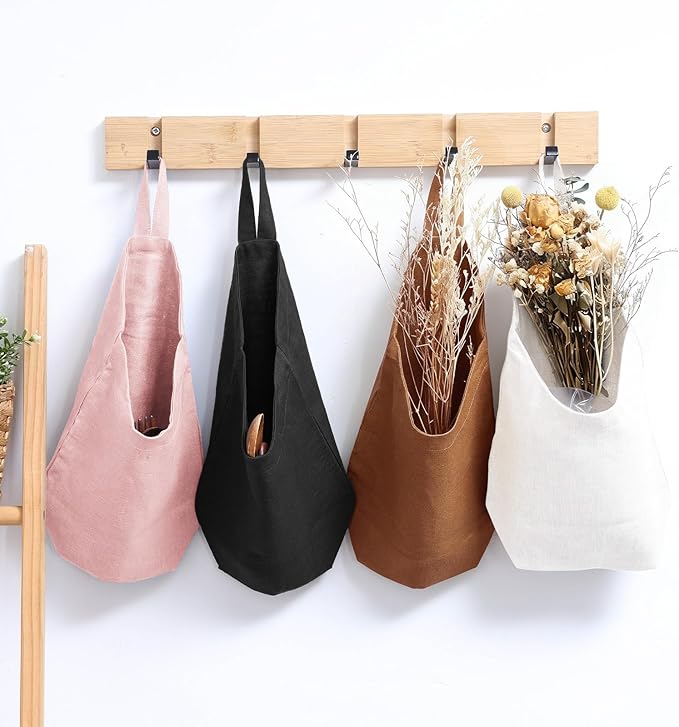 100% Linen Hanging Storage Bags Baskets 2 Pcs, Small Wall Storage Bag for Kitchen, Bedroom, RV Camper Organizer, Sewing Room, Nursery Storage, Kids Room (Brown)