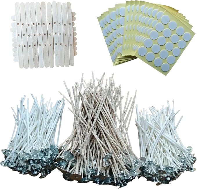 200Pcs 4 Inch Candle Wick 100Pcs 6 Inch Cotton Candle Wicks, 300Pc Wick Stickers 20 Pcs Candle Wick Holders, Wick Clips,Wicks for Candlemaking,Candle Making Supplies