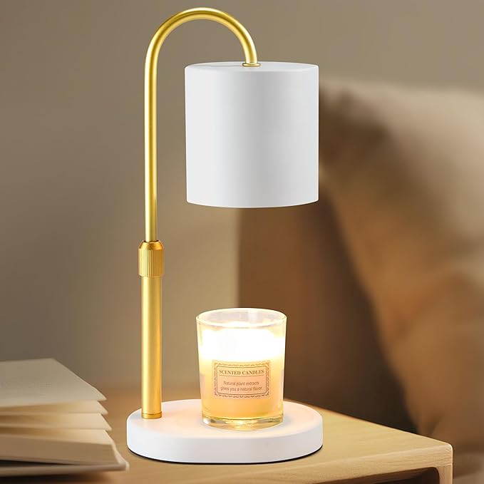 Dreamholder Electric Candle Warmer Lamp with Timer & Dimmer, Adjustable Height Wax Melt Warmer for Jar Candles, Wood Base Candle Melter, Floral Home Decor Gifts for Women, Mom, White Gold