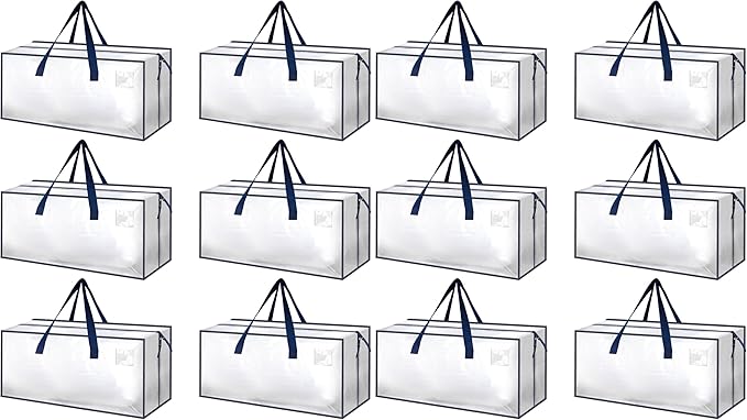 HealSmart 12 Pack Extra Large Moving Bags with Zippers & Carrying Handles, Heavy-Duty Storage Tote Moving Boxes for Dorm Room Essentials Storage Bags, Clear