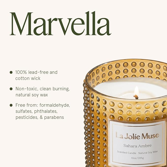 LA JOLIE MUSE Sahara Amber Scented Candle | Bergamot, Clove & Amber | 10 oz Soy Candle | Natural Soy Wax | 55 Hours Clean Burn | Gift-Ready for Cozy Nights | Elevated Home Décor
