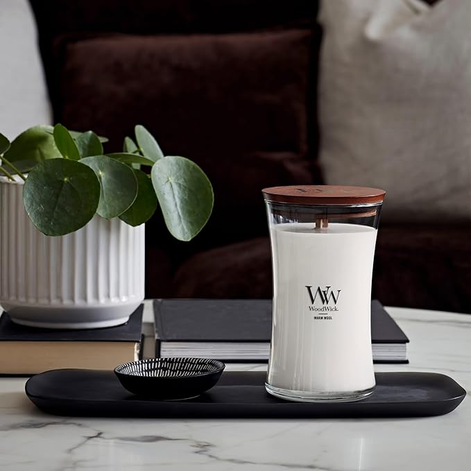 WoodWick Warm Wool Scented Hourglass Candle Large 21.5 oz with Crackling Pluswick Innovation Up to 130 Hours of Smooth Soy-Paraffin Blend Burn Time