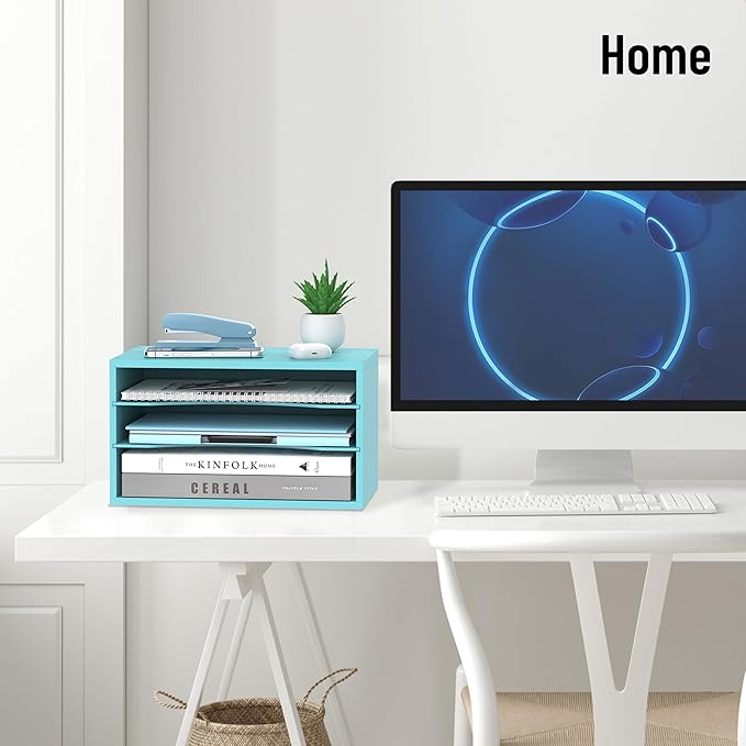 Wood Desk Organizer, 3 Tier Paper Tray Organizer for Desk with Adjustable Storage Shelves, Desktop File Organization Paper Sorter Mail Holder for Office Home Classroom, Blue