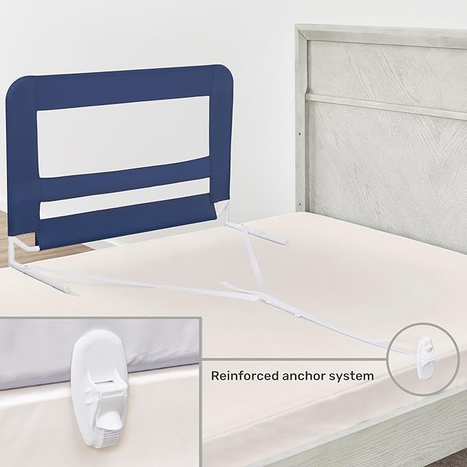 Dream On Me Lightweight Mesh Security Adjustable Bed Rail for Toddler, Breathable Mesh Fabric, Suitable for All Types of Beds, Reinforced Anchor System Bed Guard Rail, Navy