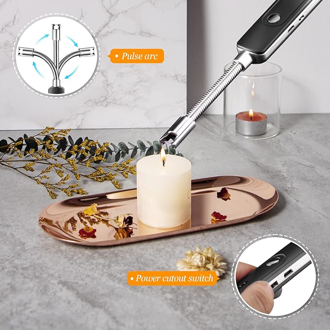 Lsnisni 5Pcs Accessory Set with Rechargeable Electric Lighter, Storage Tray, Wick Trimmer, Snuffer, Dipper, Stainless Steel Care Kit Gift Package for Candle Lover Rose Gold