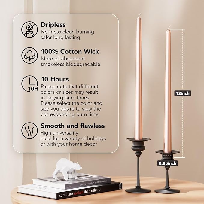 12-Inch Tall Dripless Taper Candles Set of 4 - Rose Gold Tapered Candles, Perfect for Spring - Smokeless, Unscented, Long Burning - Hand Poured, Colored Tall Candlesticks - Rose Gold