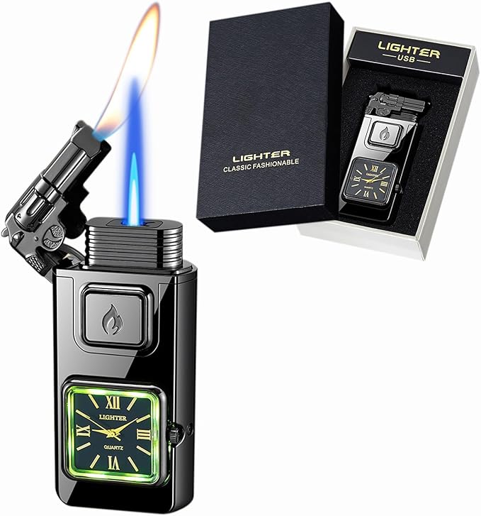 Torch Lighter, Smart Voice-Control Magic Dual Flame Dragon Lighter, Windproof Design with Visible Fuel Tank, Adjustable Flame Refillable Butane Lighters for Men Friends Gifts (Without Butane)-Black-g
