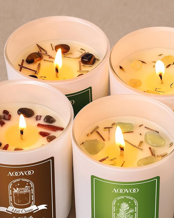 AOOVOO Holiday Candles Set for Women - 4 Pack Candles for Home Scented, Aromatherapy Candle with Crystals, 28 oz 200 Hour Long Lasting Candle, Winter Fragrance of Cedar, Fir, Hot Cocoa, Vanilla Cake