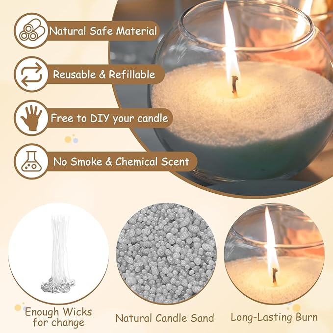 MECCANIXITY Pearled Sand Candles with 30 Pcs Wicks 14Oz / 400g Candle Beads Refillable Powder Sand Wax Making Kit for Thanksgiving Christmas Wedding Party DIY Home Crafts, Gray