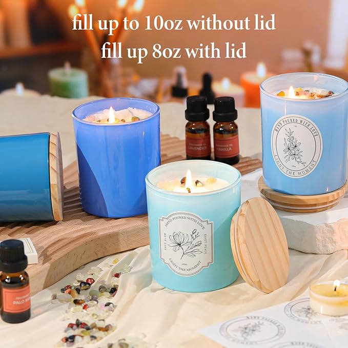12Pcs Assorted Blue Glass Candle Jars with Wooden Lids for Making Candles, 10 OZ Empty Candle Jars with Labels and 100g Crystal Rocks, Candle Making Supplies Candle Containers for Home DIY & GIFTS