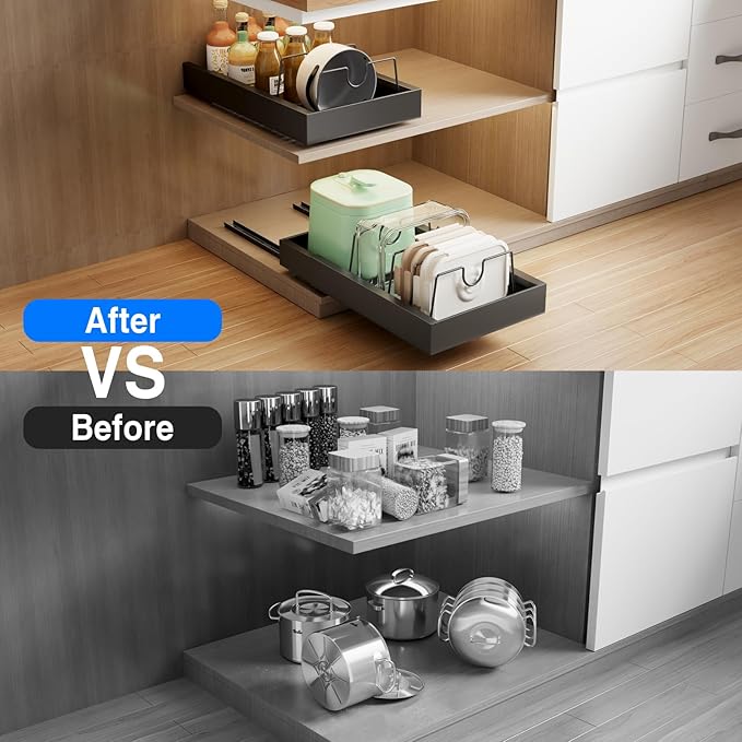 2 Pack Pull Out Cabinet Organizer with 8 Dividers,21.8" Deep Slide Out Drawers for Cabinets Adhesive Pull Out Drawers Heavy Duty Pull Out Shelves for Kitchen, Cupboard, Pantry, Bathroom-Black