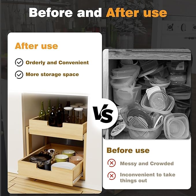 Pull Out Cabinet Organizer, 20''W×21''D Sliding Drawers for Cabinets, 2 Tier Soft Close Slide Out Wooden Pull out Drawers, Base Cabinet Organization for Kitchen, Pantry