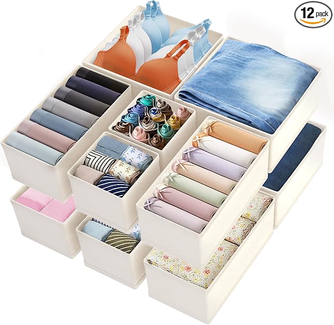 Drawer Organizer Clothes & Dresser Organizers - 12 Pack Foldable Drawer Dividers, Baby Clothes Organizer & Nursery Storage for Sock, Underwear, Bra, Belt, Closet and Dresser Drawer Organizers (Beige)