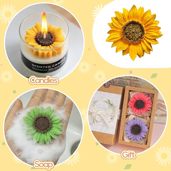 4 Pcs Sunflower Candle Molds, 3D Flower Fondant Chocolate Cake Cupcake Topper Decoration Silicone Mold, DIY Tealight Candle Soap Wax Epoxy Resin Concrete Casting Polymer Clay Craft