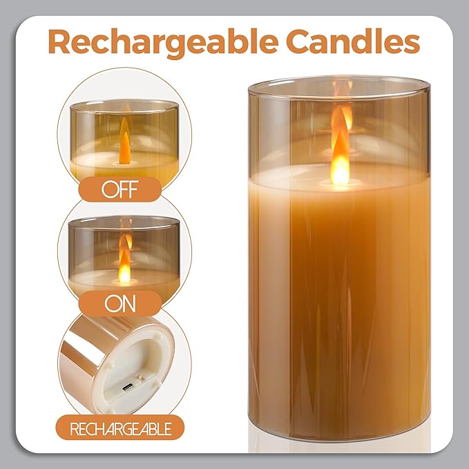 HaitanghuaRechargeable Candles, Remote Control Candles, with Remote Control, 2/4/6/8 Hour Timer Function, USB Rechargeable flameless Candles, Pillar Candles, Gold, 6 inches (2 Pack)