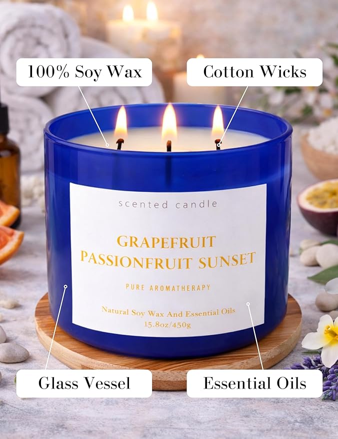 Grapefruit Passionfruit Sunset 3-Wick Soy Candle | Large Aromatherapy Scented Candle for Home 15.8oz | Fresh Tropical Citrus Stress Relief Candle | Clean Burn | Relaxation Gift for Women & Men