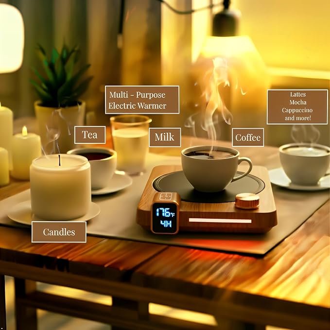Coffee Mug Warmer for Desk, 40W Electric Cup Warmer with Digital Display, 9 Temp Settings, 1–12H Timer & Auto On/Off, LED Display Candle & Beverage Warmer Plate.