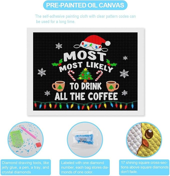 AIVKIEJK Diamond Painting Kits for Adults - Christmas Most Likely to Drink All The Coffee Painting DIY 5D Full Drill Diamond Dots Paintings with Diamonds Gem Art and Crafts Home Decor 12"x16"