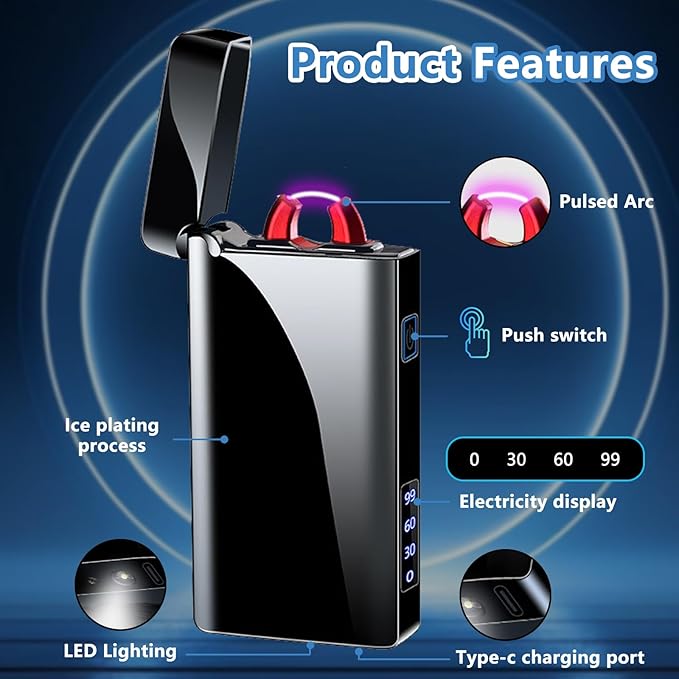 Electric Lighter USB Type-C Rechargeable Plasma Arc Lighter, High Power Flame Torch Lighter Windproof with LED Battery Indication Candle, Incense, Camping Gifts (Ice Black, 220mAh)