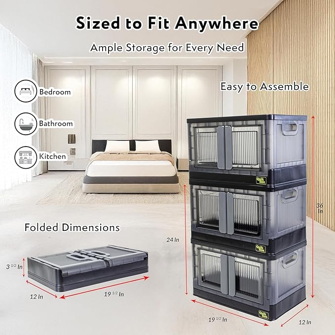 FELICON 8.4 Gallon 1 Pack Stackable Storage Bins with Lids,Doors,Wheels,Collapsible Organizer Foldable Container,Wardrobe Closet for Bedroom Living Room Neat,Dorm,Organized Homes(Black)