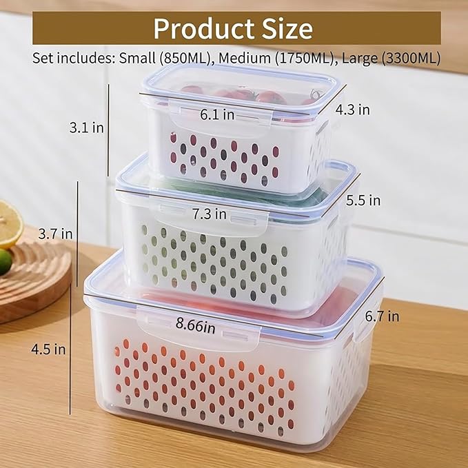 4 in 1 Food Storage Container, Berry Containers For Fridge & Veggie Tray With Lid For Fridge. Airtight Stackable Fruit Bowl With Removable Draining Colander, Premium Kitchen Camper RV Organization