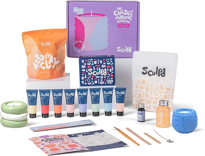 Sculpd Candle Making Pottery Kit for Adults with Air Dry Clay and Acrylic Paint Set, Non-Toxic Eco Soy Wax, Scented Fragrance Oil, Candle Glaze, Tools & Guide, 1 Candle, Peony Rose with Pastel Tones