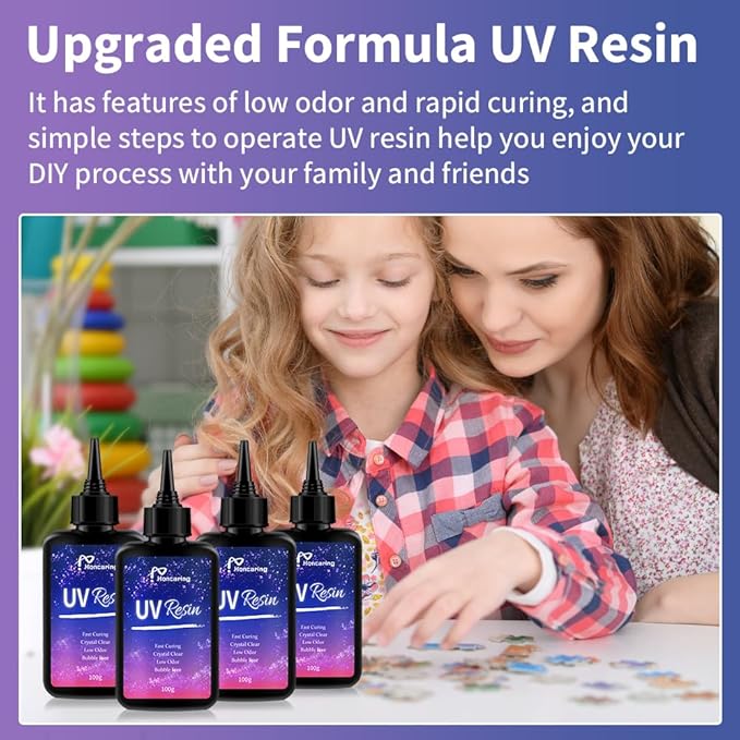 Honcaring UV Resin 400g, Hard Type Clear Beginner-Friendly Kit, Upgraded Formula & Crystal Clear for Jewlery Making, 100g*4 Resin UV Kit with for Earring, Pendant, DIY