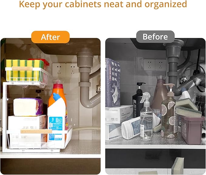Under Sink Organizer 2 Pack, 2 Tier Pull Out Cabinet Organizers and Storage for Kitchen Bathroom Pantry Laundry, Adjustable Height, Slide Out Thickened Metal Storage Shelf (Black, 2 Pack)