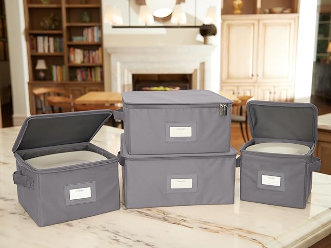 Covermates Dish Storage Box – China & Dinner Plate Storage Container with Dual Zippers, Reinforced Handles, ID Window & Stackable Structured Walls for Dishware Organization, Graphite