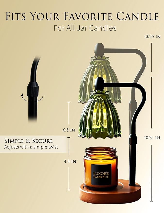 Green Candle Warmer Lamp with Timer - Wax Melt Warmer, Dimmable Electric Candle Lamp, Dark Academia Cottagecore Boho Decor, Adjustable Height, Genuine Wood Base, 2 Bulbs Included, Gift for Her