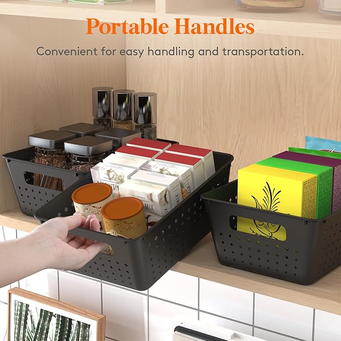 Lifewit Plastic Storage Basket, 12 Pack Stackable Storage Bins for Organizing, Multi Size Open Containers for Shelving, Pantry, Office and Cabinet, 8 Large and 4 Small Size, Black