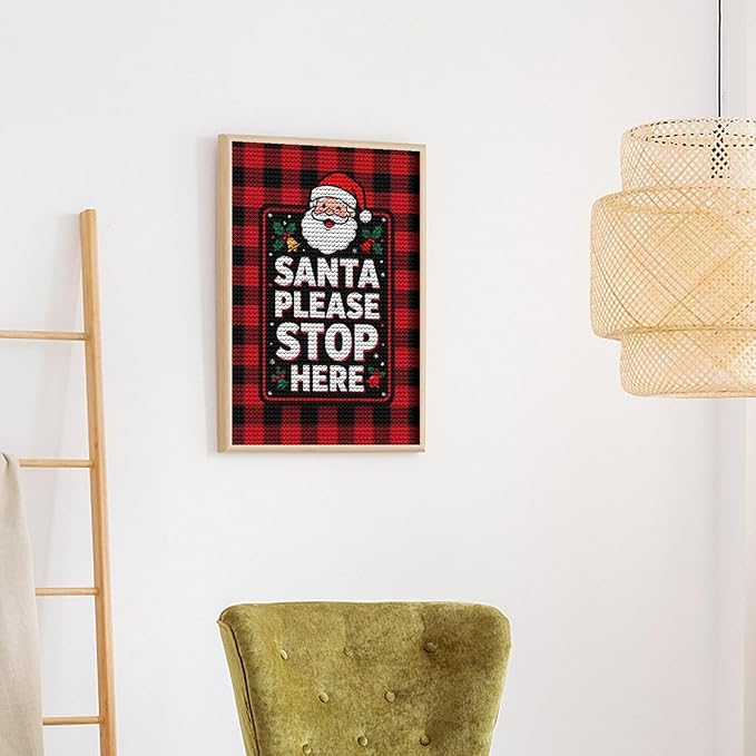 AIVKIEJK Diamond Painting Kits for Adults - Holly & Stars, Santa Please Stop Here Painting DIY 5D Full Drill Diamond Dots Paintings with Diamonds Gem Art and Crafts Home Decor 8"x12"