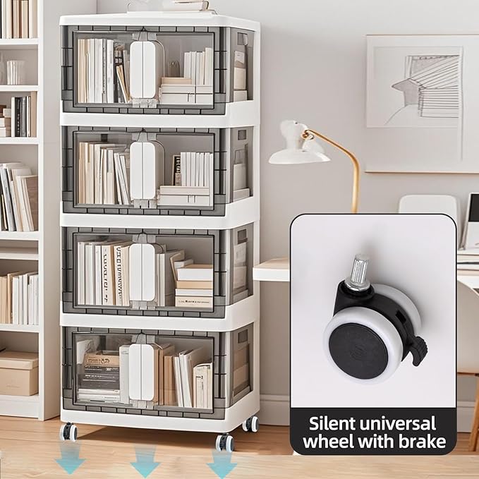 Folding Storage Organizer with Silent casters | Stackable Design for Home & Office, Heavy-Duty Plastic Storage Bin with Clear Door, 3 Sizes (19.5/23.5/27.5in),Black/White (19.7" 3 layer, White)