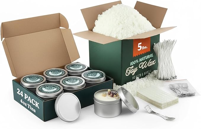 Hearth & Harbor 5 lbs. Soy Candle Wax with Supplies, 4 oz. 24 Pack Tin Jars with Lids, Cotton Candle Wicks, Wick Stickers and Centering Devices - Soy Wax Flakes with Containers for Candle Making