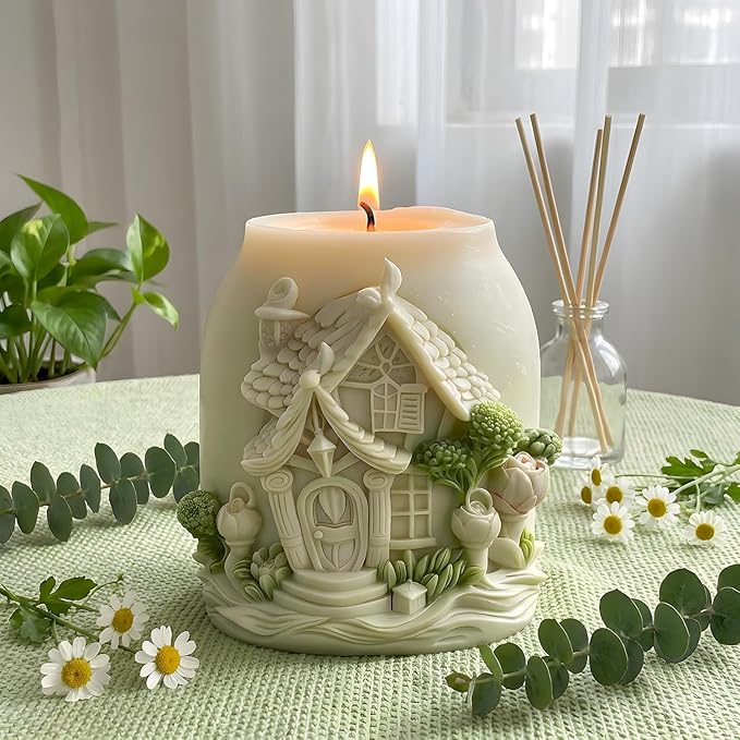 XIAOSHUI Magic House Relief Cylinder Candle Molds 3D Fairy Forest House Candle Silicone Mold for Candles Making Resin Casting Aromatherapy Candles Gypsum Craft Home Decorate