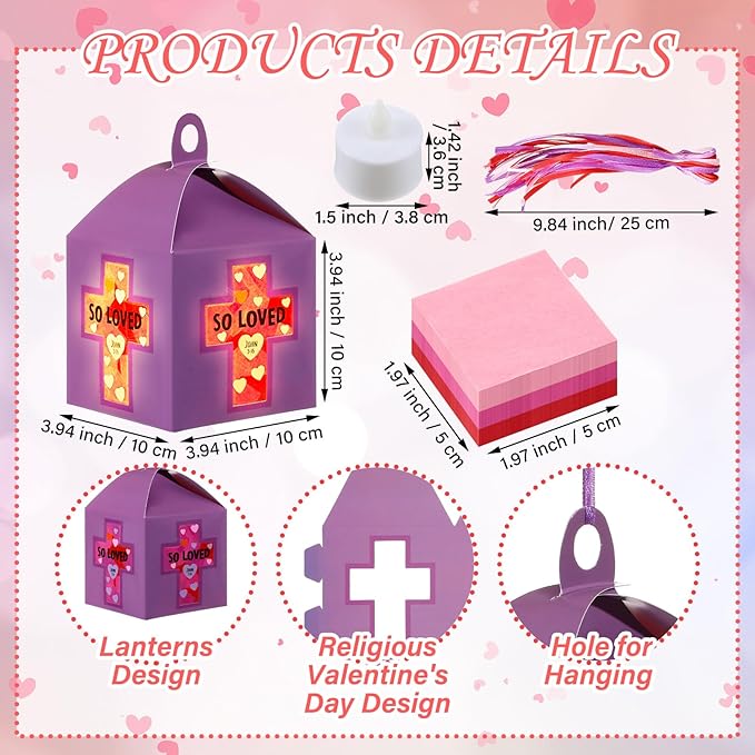 Simgoing 12 Sets Religious Valentine's Day Crafts with LED Candlelight Valentine's Day Cross Tissue Paper Crafts Kits DIY Cross Suncatchers Lanterns Hanging for Sunday School Christian Decoration
