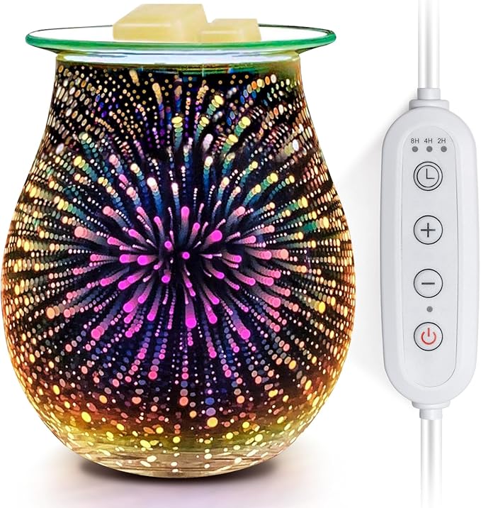 EQUSUPRO Wax Melt Warmer with Timer- Electric 3D Glass Wax Melter Candle Melt Warmer Wax Burner Fragrance Warmer for Scented Candles and Wax Melts to Home Office Gifts & Decor (Fireworks-Dimmer)